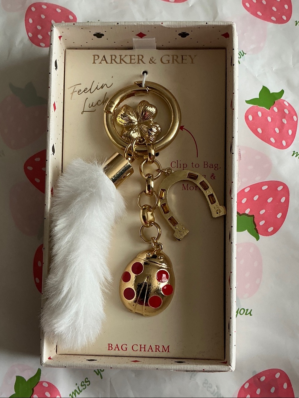 Gold Ladybug Bag Charm with White Fur Tassel
